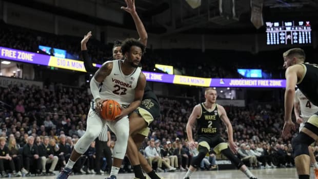 Jordan Minor looks to score during the Virginia men's basketball game against Wake Forest at LJVM Coliseum.